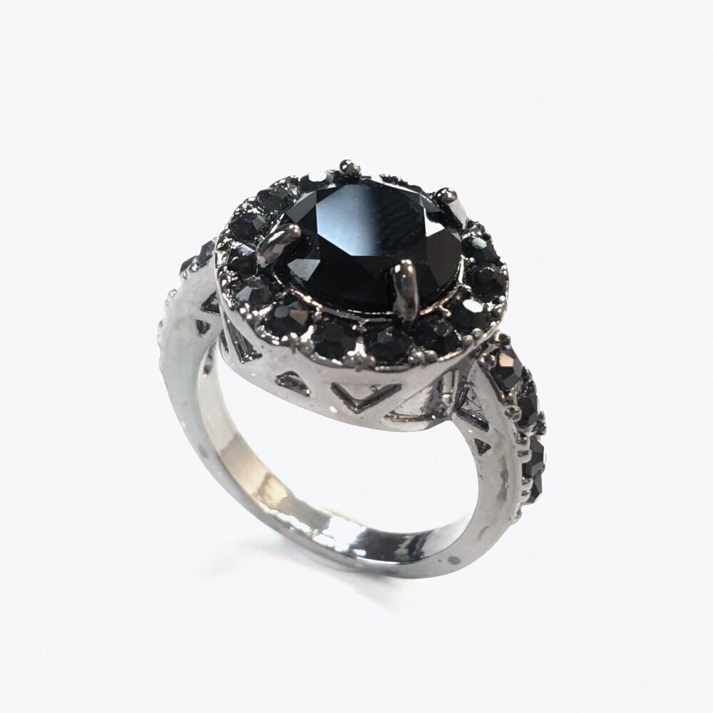 Black Rhinestone Ring Size 6.25 Halo Setting Gothic Goth Gunmetal Gray Tone